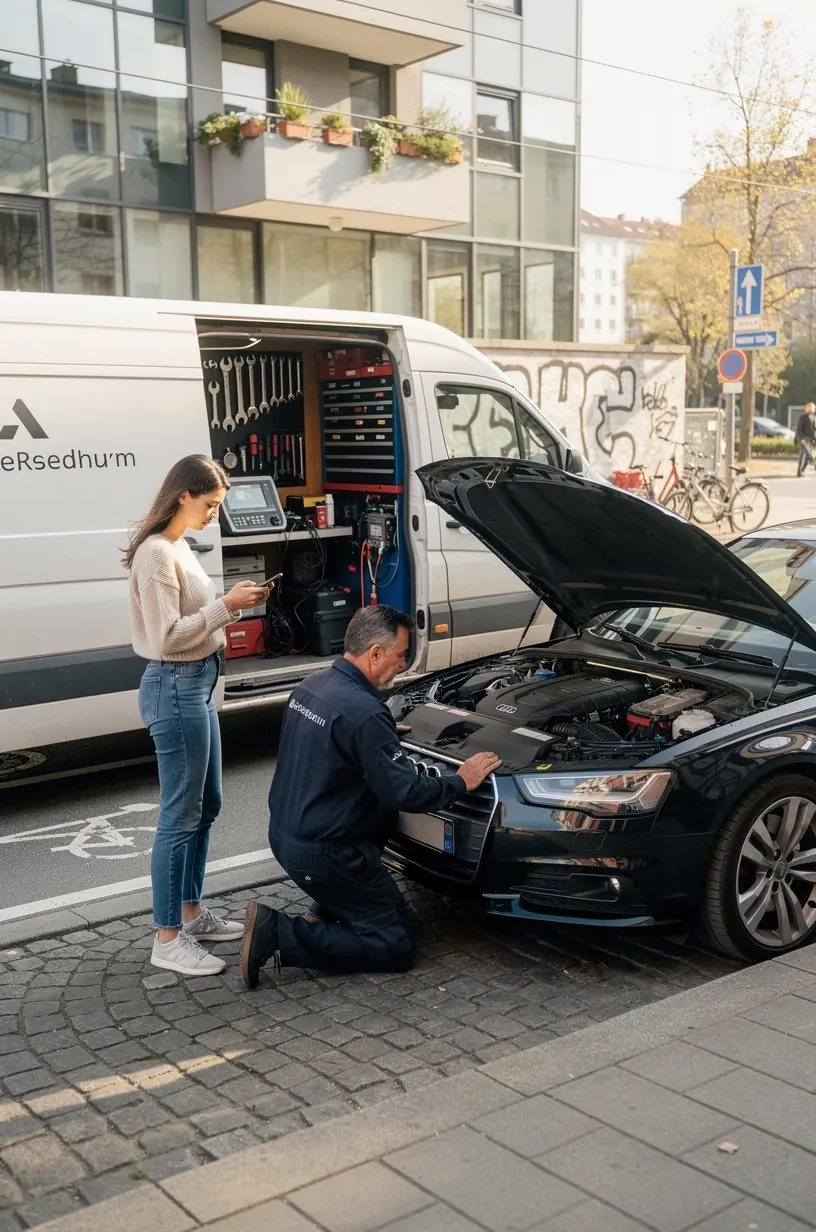 Techniker wechselt Reifen bei einem Kundenfahrzeug außerhalb der Werkstatt