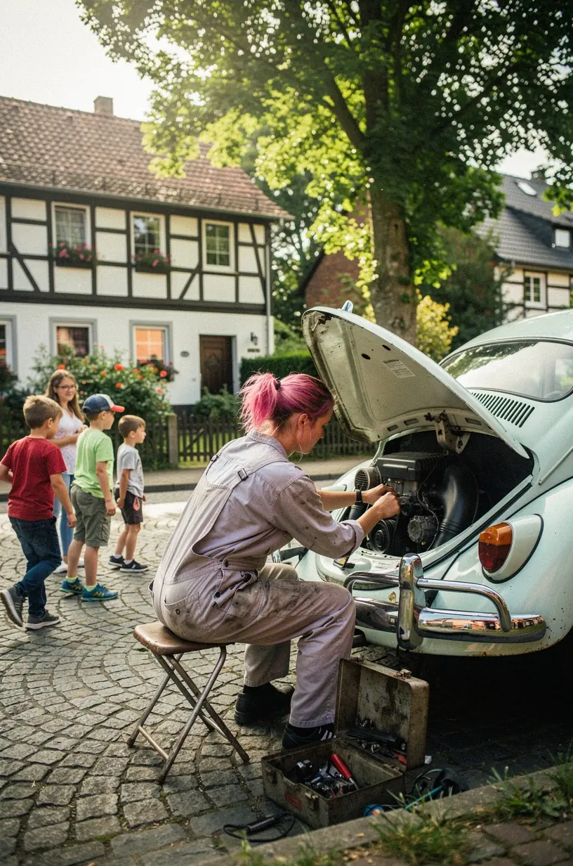 Mechaniker nutzt Diagnosegerät zur Fehleranalyse am Fahrzeug vor Ort